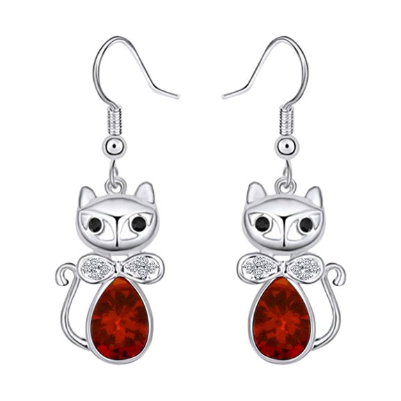 AFFY Pear Simulated Garnet & Black, White Cubic Zirconia Cute Cat Animal Drop Dangle Earrings In 14k White Gold Over Sterling Silver