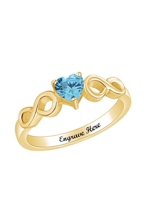 Personalized Heart Shape Simulated Aquamarine Infinity Heart Promise Ring In 14k Yellow Gold Over Sterling Silver Ring Size-7