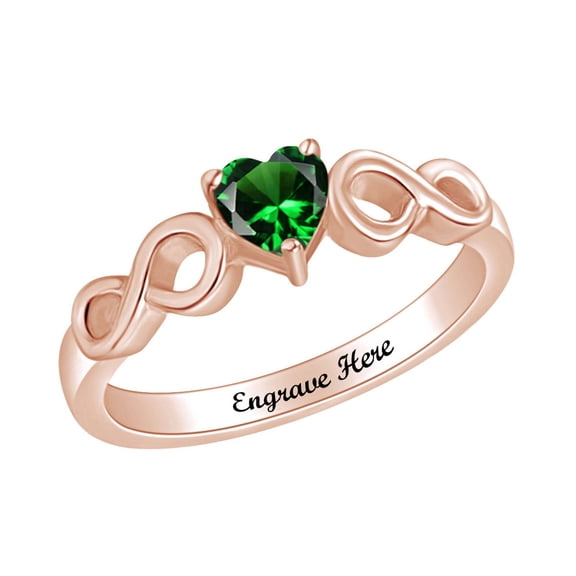 AFFY Personalized Heart Shape Simulated Emerald Infinity Heart Promise Ring In 14k Rose Gold Over Sterling Silver Ring Size-9.5