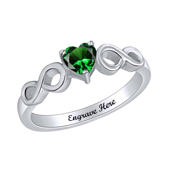 AFFY Personalized Heart Shape Simulated Emerald Infinity Heart Promise Ring In 14k White Gold Over Sterling Silver Ring Size-9