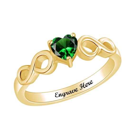 AFFY Personalized Heart Shape Simulated Emerald Infinity Heart Promise Ring In 14k Yellow Gold Over Sterling Silver Ring Size-8