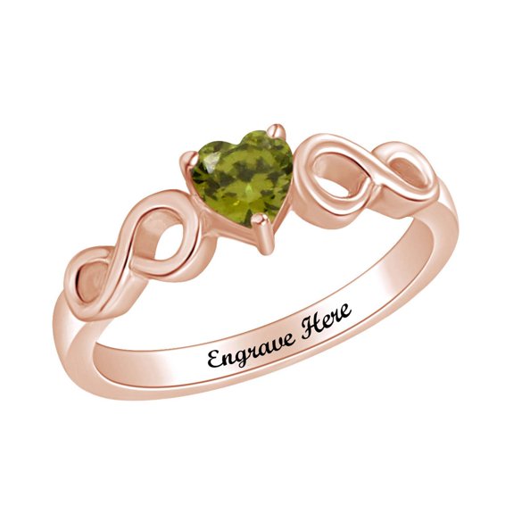 AFFY Personalized Heart Shape Simulated Peridot Infinity Heart Promise Ring In 14k Rose Gold Over Sterling Silver Ring Size-10