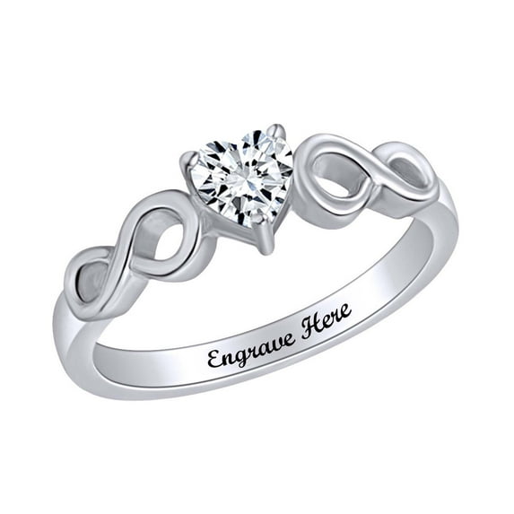 AFFY Personalized Heart Shape White Cubic Zirconia Infinity Heart Promise Ring In 14k White Gold Over Sterling Silver Ring Size-9.5