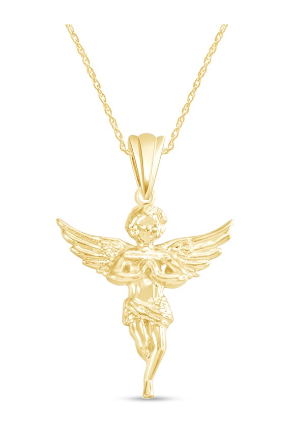 Praying Angel Pendant Necklace in Textured 14K Yellow Gold Plated 925 Sterling Silver 18" Chain