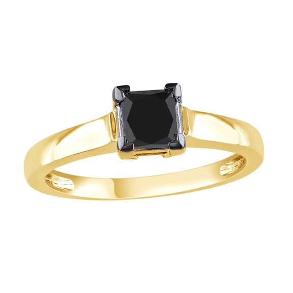 AFFY Princess Cut Black Natural Diamond Solitaire Ring in 10k Yellow Gold (1 Cttw)