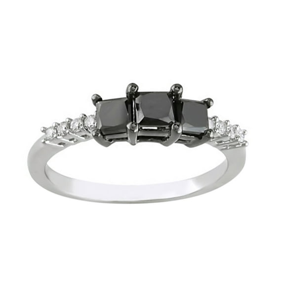 AFFY Princess Cut Black & White Natural Diamond Accents Three Stone Ring in 10kWhite Gold