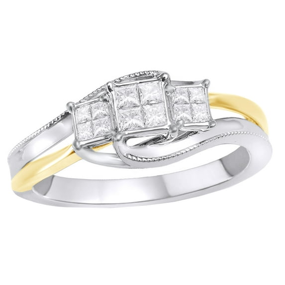 AFFY Princess Cut White Diamond Cluster Three Stone Ring in 10k Two Tone White Gold