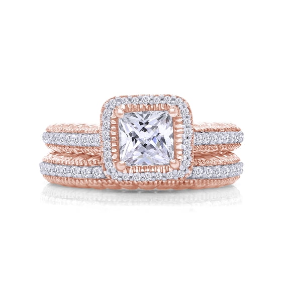 AFFY Princess & Round Cubic Zirconia Halo Bridal Ring Set Ring for Women 14K Rose Gold over Silver-9.5