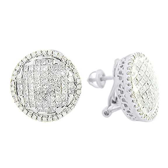 AFFY Princess & Round Cut White Natural Diamond Stud Earrings In 14K White Gold