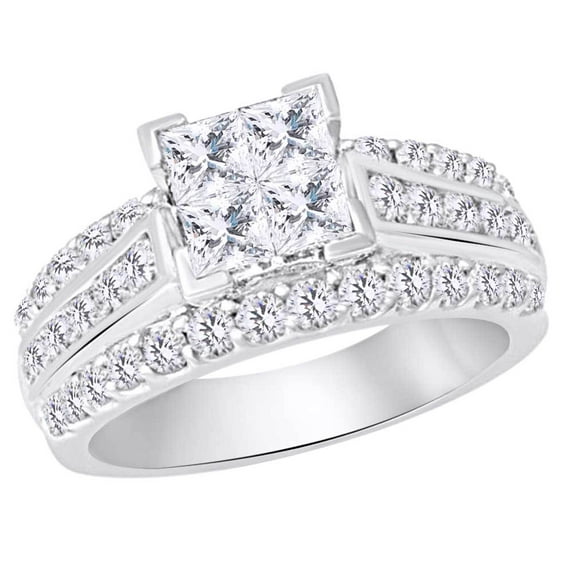 AFFY Princess & Round Cut White Natural Diamond Three Row Square Frame Cluster Ring In 10k White Gold (2 cttw) Ring Size-11