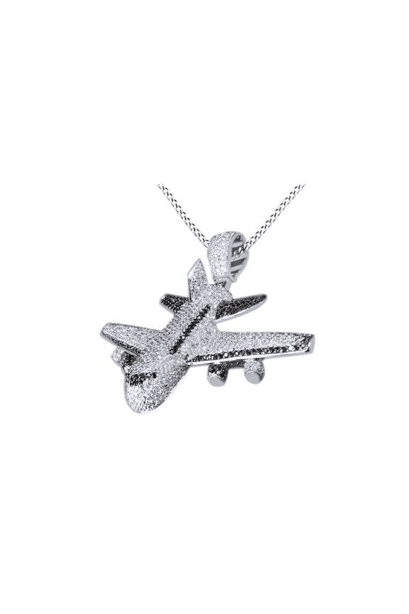 Rapper Style Hip Hop Plane Charm Franco Pendant Necklace In 14K White Gold Over Sterling Silver
