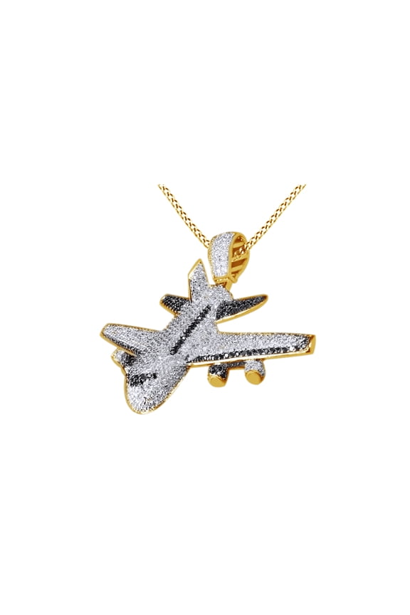 Rapper Style Hip Hop Plane Charm Franco Pendant Necklace In 14K Yellow Gold Over Sterling Silver
