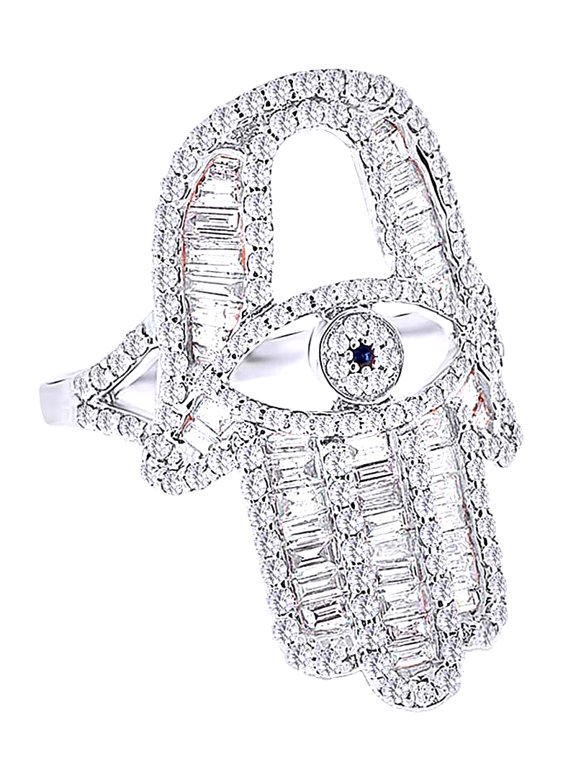 Round & Baguette Cut White Diamond (1.64 Cttw) Hamsa Palm Ring In 10K Solid White Gold,Ring Size: 13