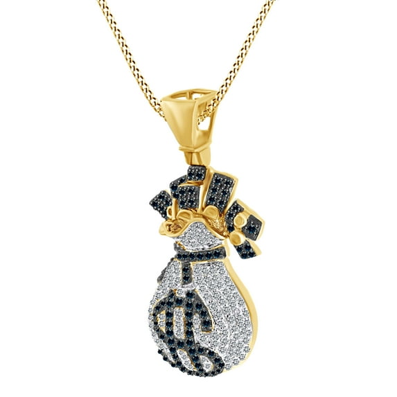 AFFY Round & Blue Natural Diamond Money Bag Dollar Sign 10k Solid Yellow Gold Pendant Necklace (1 Cttw)