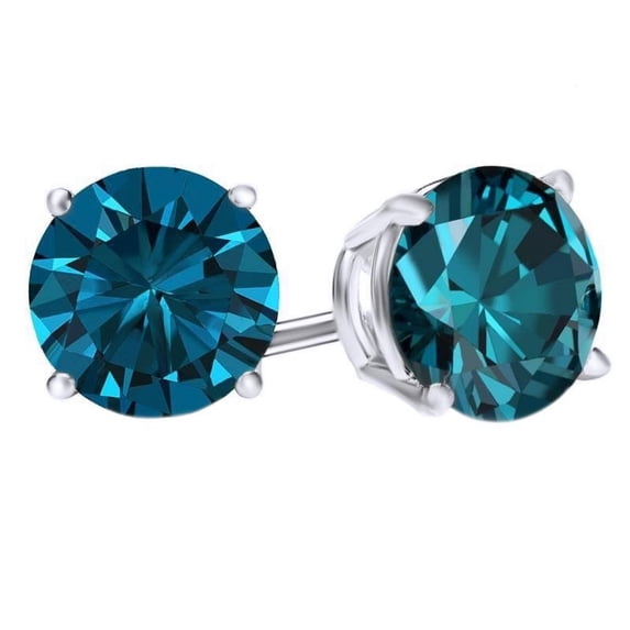 AFFY Round Blue Natural Diamond Stud Earrings In 14K Solid White Gold (2 Ct)