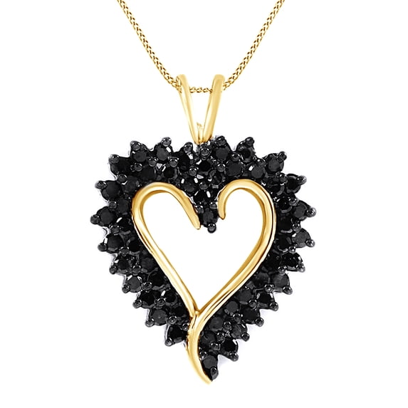 AFFY Round Cut Black Natural Diamond Heart Pendant Necklace in 14k Yellow Gold Over Sterling Silver (1.04 Ct)