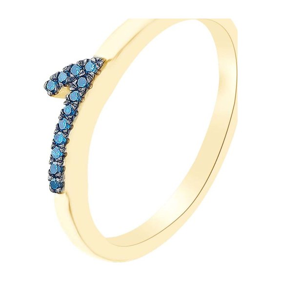 AFFY Round Cut Blue Natural Diamond Accent Stackable 1 Number Ring In 14k Yellow Gold Over Sterling Silver-7.5