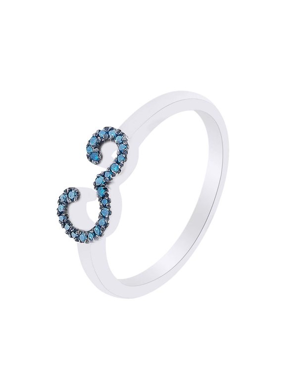 Round Cut Blue Natural Diamond Accent Stackable 3 Number Ring In 14k White Gold Over Sterling Silver-5