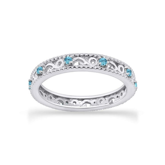AFFY Round Cut Blue Simulated Aquamarine Stackable Ring in 14K White Gold Over Sterling Silver-6