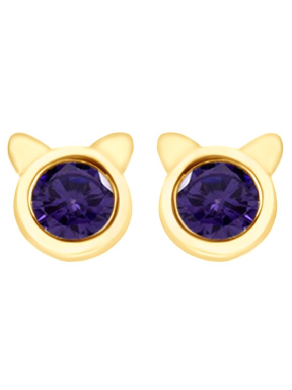 Round Cut Simulated Alexandrite Kitty Cat Stud Earrings In 14K Yellow Gold Over Sterling Silver