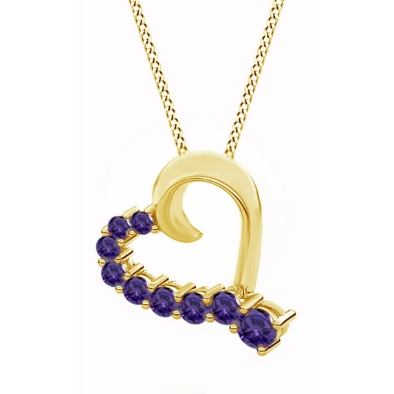 AFFY Round Cut Simulated Amethyst Heart Promise Pendant Necklace In 14k Yellow Gold