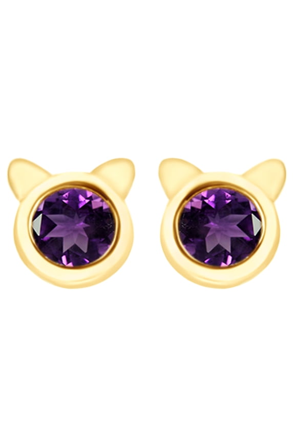 Round Cut Simulated Amethyst Kitty Cat Stud Earrings In 14K Yellow Gold Over Sterling Silver