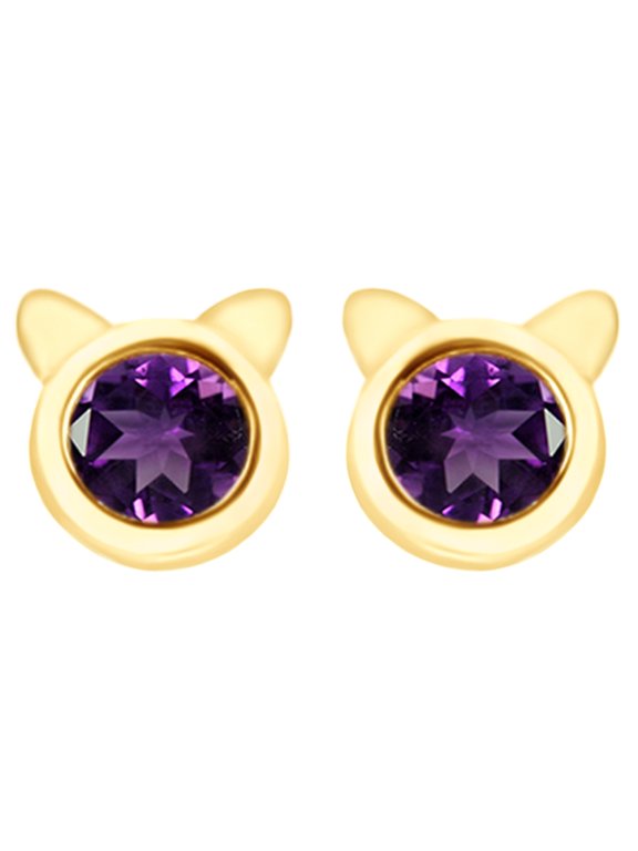 Round Cut Simulated Amethyst Kitty Cat Stud Earrings In 14K Yellow Gold Over Sterling Silver