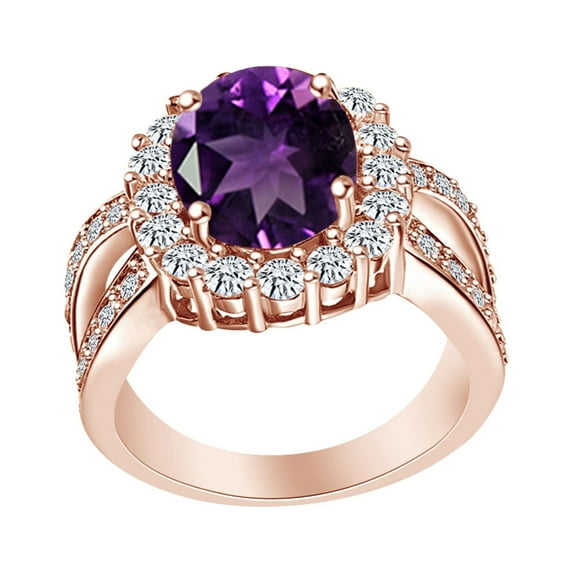 AFFY Oval Cut Simulated Amethyst & White CZ 14k Rose Gold Over Sterling Silver Vintage Style Engagement Ring