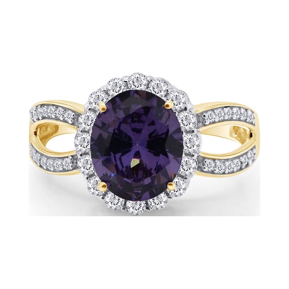 AFFY Oval Cut Simulated Amethyst & White CZ 14k Yellow Gold Over Sterling Silver Vintage Style Engagement Ring