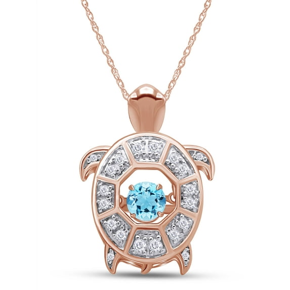 AFFY Round Cut Simulated Aquamarine With CZ Turtle Floater Pendant Necklace In 14K Rose Gold Plated 925 Sterling Silver