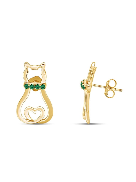 Round Cut Simulated Birthstone Pet Animal Cat Stud Earrings In 14k Gold Over Sterling Silver For Women (Simulated Emerald, yellow-gold-plated-silver)