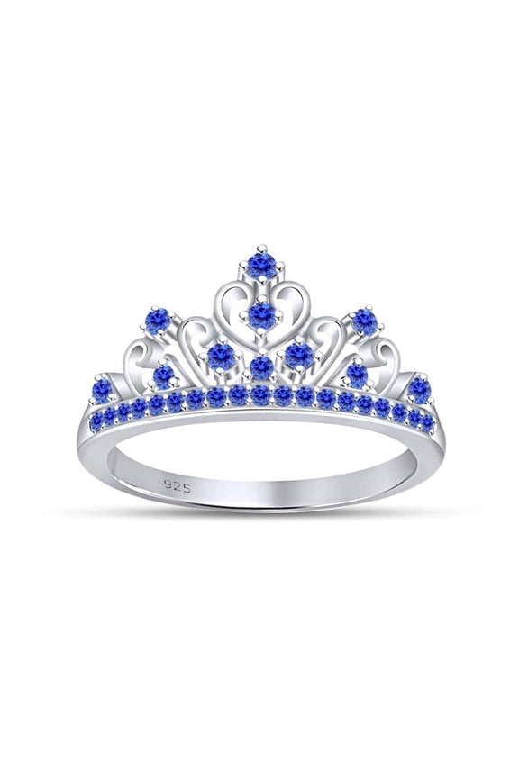 Round Cut Simulated Blue Sapphire Princess Crown Ring In 14k White Gold Over Sterling Silver Ring Size-8