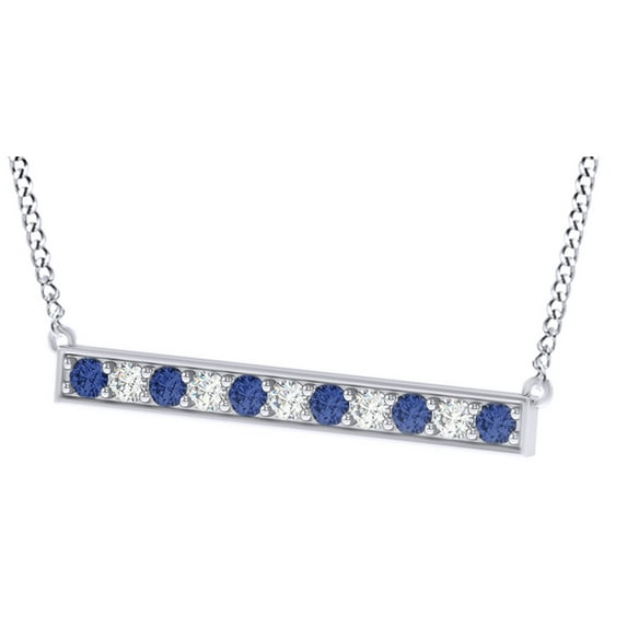 AFFY Round Cut Simulated Blue Sapphire & White Cubic Zirconia Bar Pendant Necklace in 14k White Gold (0.1 cttw)