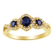 AFFY Round Cut Simulated Blue Sapphire,White Cubic Zirconia Three Stone Ring In 10k Yellow Gold Ring Size-8