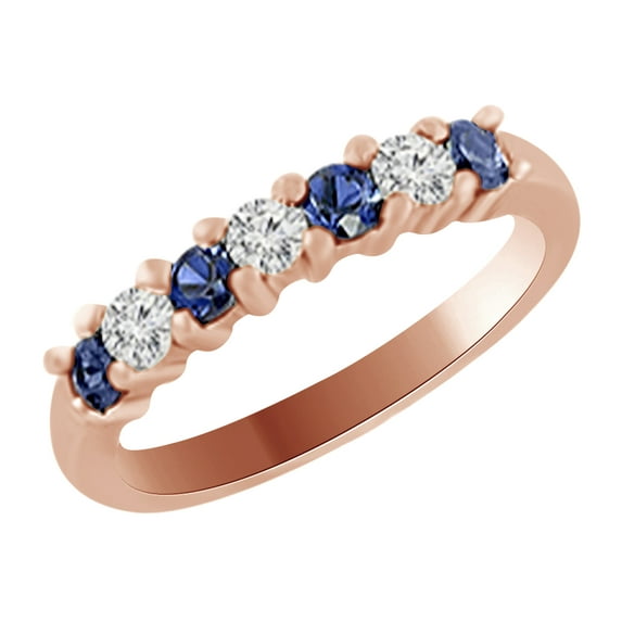 AFFY Round Cut Simulated Blue Sapphire & White Natural Diamond Wedding Engagement Ring In 14k Rose Gold (0.6 cttw)With Ring Size:-4
