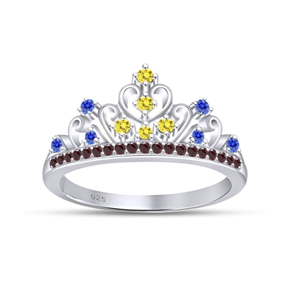 AFFY Round Cut Simulated Multi Stone Belle Princess Style Engagement Wedding Crown Ring In 14k White Gold Over Sterling Silver With Ring Size 12.5