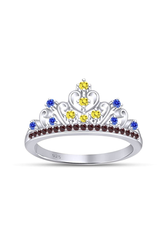 Round Cut Simulated Multi Stone Belle Princess Style Engagement Wedding Crown Ring In 14k White Gold Over Sterling Silver With Ring Size 12.5