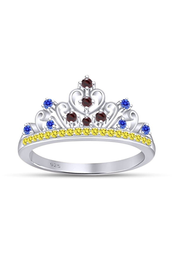 Round Cut Simulated Multi Stone Snow White Princess Style Engagement Wedding Crown Ring In 14k White Gold Over Sterling Silver With Ring Size 9