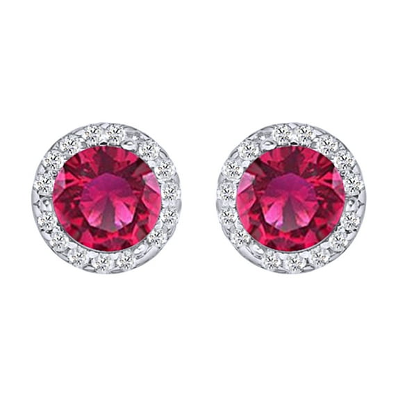 AFFY Round Cut Simulated Pink Sapphire With Natural Diamond Halo Stud Earrings In 14K Solid White Gold