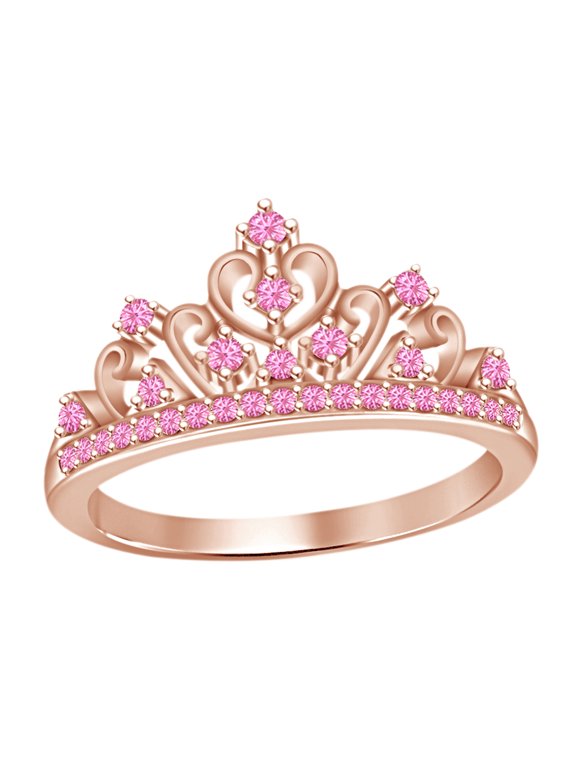 Round Cut Simulated Tourmaline Princess Crown Ring In 14k Rose Gold Over Sterling Silver