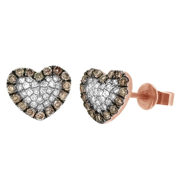 AFFY Round Cut White & Brown Natural Diamond Clover Stud Earrings In 14K Solid Rose Gold (0.47 CT)