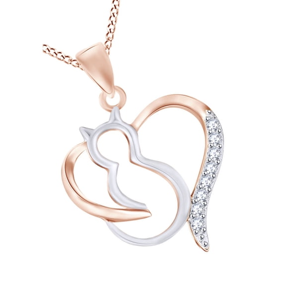 AFFY Round Cut White CZ Open Heart Cat Two Tone Pendant Necklace In 14k Gold Over Sterling Silver