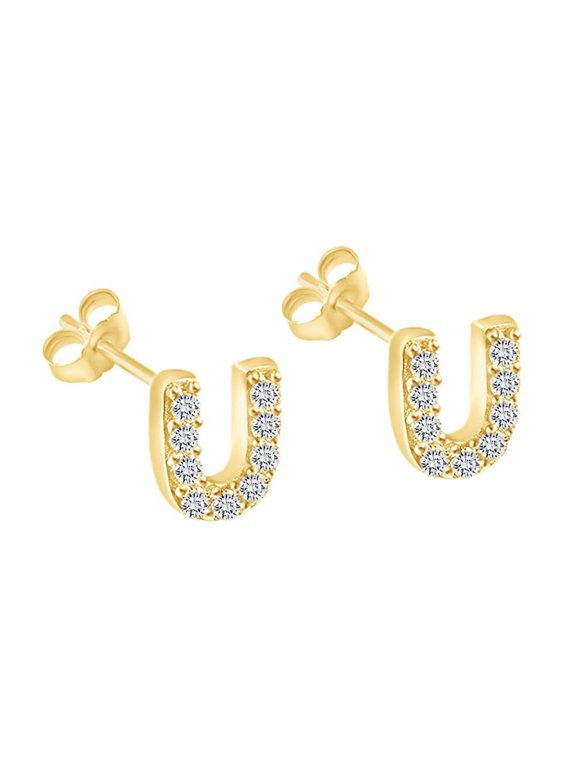 Round Cut White Cubic Zirconia Alphabet"U" Initial Letter Stud Earrings in 14k Yellow Gold Over Sterling Silver