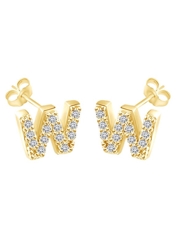Round Cut White Cubic Zirconia Alphabet"W" Initial Letter Stud Earrings in 14k Yellow Gold Over Sterling Silver