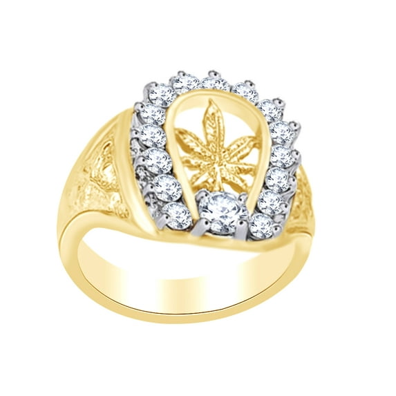 AFFY Round Cut White Cubic Zirconia Marijuana Leaf Ring In 14K Yellow Gold Over Sterling Silver, Ring Size: 12.5