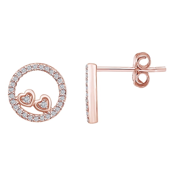 AFFY Round Cut White Cubic Zirconia Two Tone Heart In Circle Stud Earrings In 14k Rose Gold Over Sterling Silver
