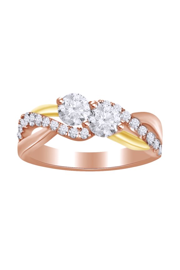 Round Cut White Diamond Two Stone Crossover Ring In 14K Solid Rose Gold (0.75 Cttw)