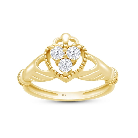 AFFY Round Cut White Natural Diamond Accent Claddagh Ring In 14k Yellow Gold Over Sterling Silver-10