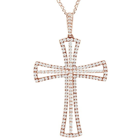 AFFY Round Cut White Natural Diamond Cross Pendant Necklace In 14k Rose Gold