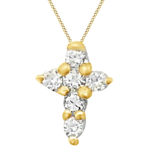 AFFY Round Cut White Natural Diamond Cross Pendant Necklace In 14k Yellow Gold (0.1 Cttw)